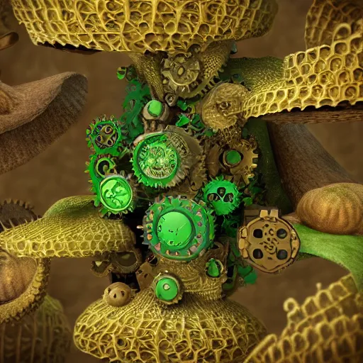 Image similar to steampunk device covered by ornamental green mold and mushrooms, fractal, manderblot, detailed, hyperrealistic, raytrace,