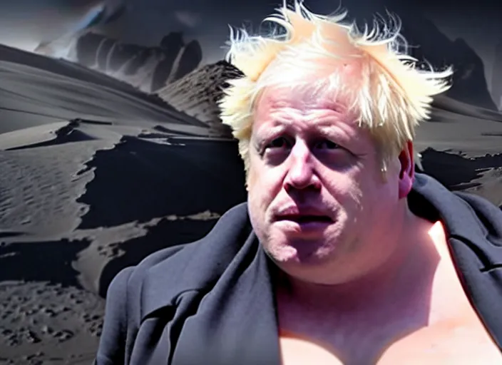 Image similar to boris johnson as baron harkonnen in a black oil bath in a still from the film Dune (2021)