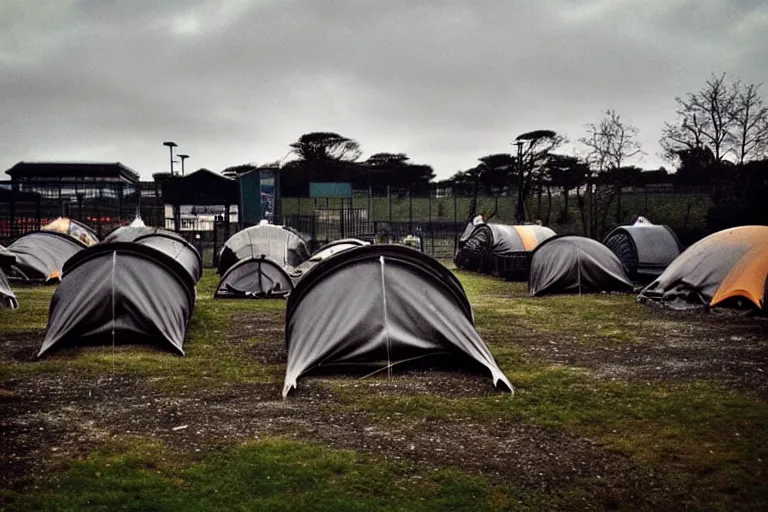 Prompt: post apocalyptic over grown leisure centre being used as shelter, night!!!! dusk, evening, dark, barrel fires and tents, low light