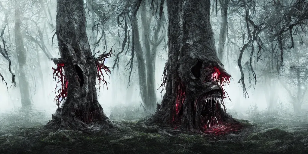 Prompt: dark forest shrouded in mist, a tree with bloody fanged mouth gaping open fangs visible, mouth agape on tree trunk with fangs, forbearing, oppressive, epic composition, digital art, concept art, 4 k, highly detailed
