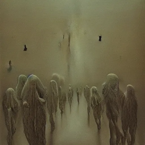 Image similar to Zdzisław Beksiński painting of the walking city