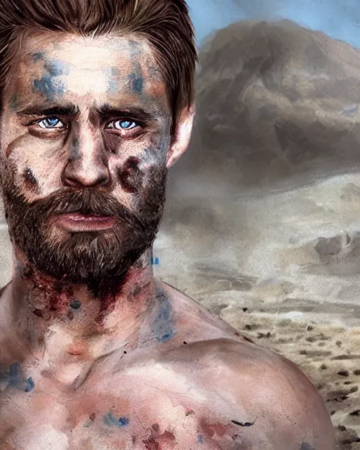 Prompt: portrait of muscular, tired and alcoholic 3 0 - year - old handsome man with short darkblonde hair, serious sad look in his eyes, dirty beard, blue eyes, crying, wearing dirty soldier uniform, on the desert, hyper realistic face, beautiful eyes, character art, art by mark brooks, hyperdetailed, cryengine, trending on artstation, digital art