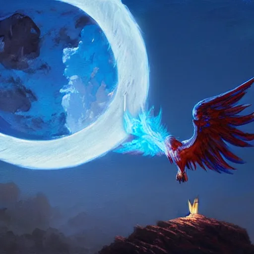 Image similar to blue phoenix flying in front of the moon, glowing light, fire, oil painting by greg rutkowski, 8 k