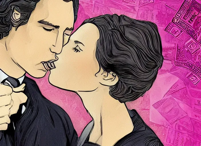 Image similar to reylo kissing, dollar bill