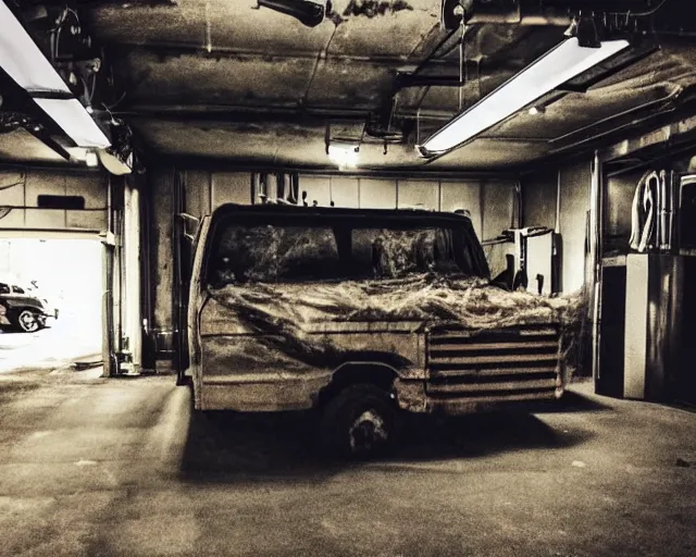 Prompt: horror demon evil transparent spirit attacks in truck garage interior photo shot on iphone, dynamic pose, close body shot, sharp focus, grainy, corpse, paranormal, long exposure, flashlight, night, total darkness, poltergeist, aberrations,