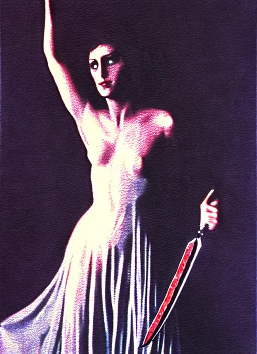 Prompt: 1976 film still from an Italian slasher film of elegant Joan d'Arc as the goddess of razor blades. ultra detailed painting at 16K resolution and amazingly epic visuals. epically beautiful image. amazing effect, image looks gorgeously crisp as far as it's visual fidelity goes, absolutely outstanding. vivid clarity. ultra. iridescent. mind-breaking. mega-beautiful pencil shadowing. beautiful face. Ultra High Definition. godly shading. amazingly crisp sharpness. photorealistic film cel processed twice..