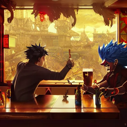 Image similar to an ultra detailed illustration of shadow the hedgehog and bowser sitting in a bar drinking beer, dive bar with a karaoke machine, volumetric lighting, 4 k, octane render, art by greg rutkowski and alphonse mucha and andreas rocha and albert bierstadt