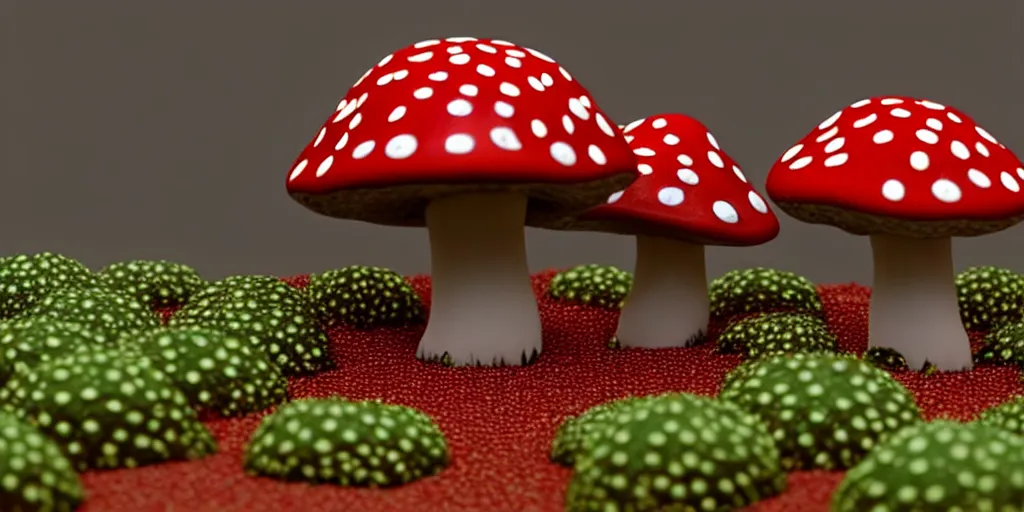 Prompt: a 3 d render of an amanita muscaria mushroom giant with tiny people below looking up at it,