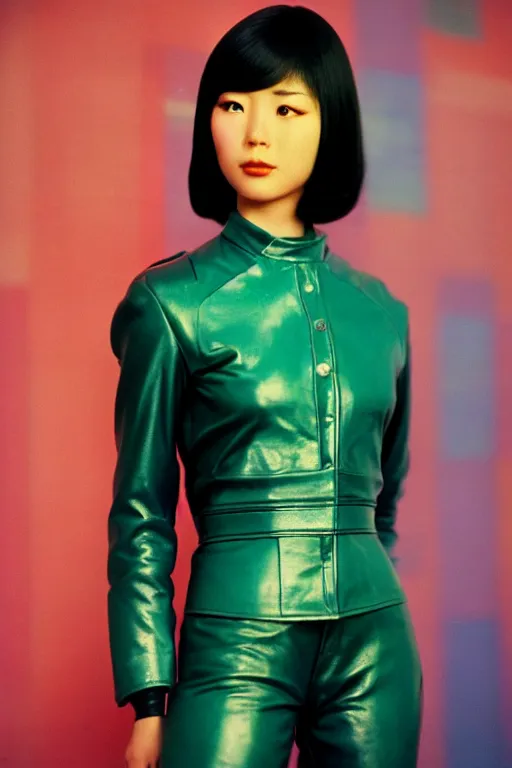 Prompt: ektachrome, technicolor, 3 5 mm, highly detailed : incredibly realistic, youthful asian demure, perfect features, feminine cut, beautiful three point perspective extreme closeup 3 / 4 portrait photo in style of chiaroscuro style 1 9 7 0 s frontiers in leather flight suit cosplay vogue fashion edition,