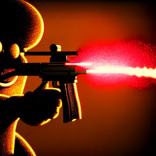 Prompt: high detail full body shot of spongebob squarepants shooting an ak - 4 7 machine gun with muzzle flash, cinematic framing, cinematic light, hard shadows, in the style of the movie lone survivor,