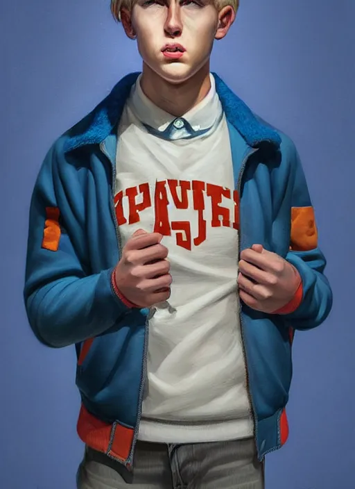 Image similar to portrait of a high school senior boy named moose mason, blonde short hair, jock, beefy, square jaw, square facial structure, 1 9 5 0 s, blue varsity jacket, intricate, elegant, glowing lights, highly detailed, digital painting, artstation, concept art, smooth, sharp focus, illustration, art by wlop, mars ravelo and greg rutkowski