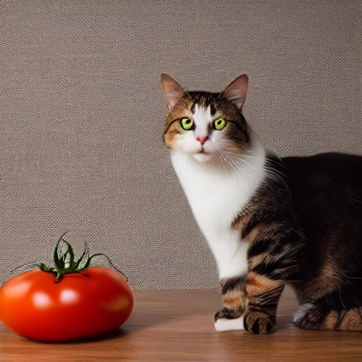 Prompt: photo of giant [ tomato ] next to a cat taken with canon eos - 1 d x mark iii, bokeh, sunlight, studio 4 k