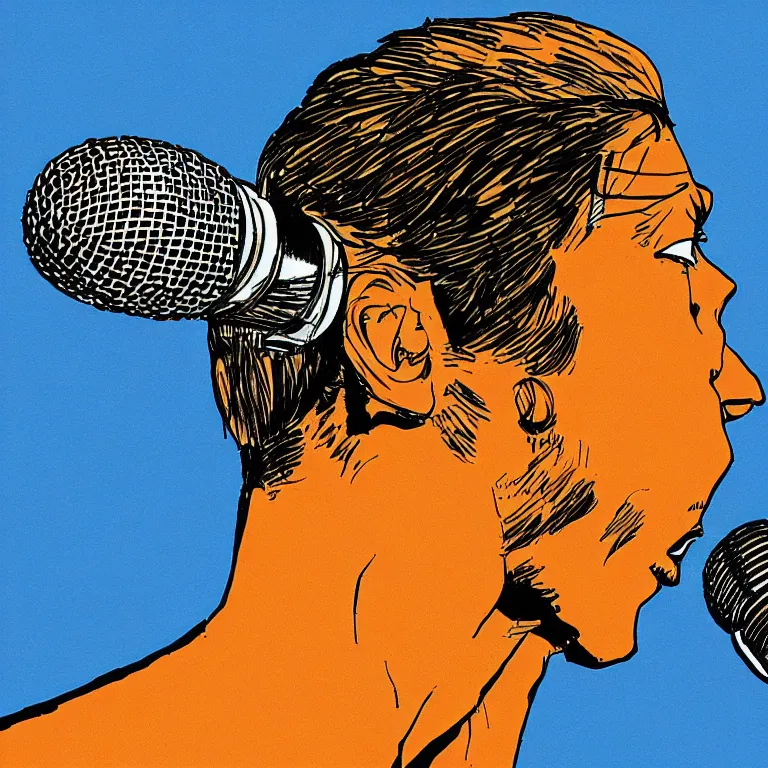 Image similar to rapping into microphone, epic angle, profile view, illustrated by Victor Moscoso