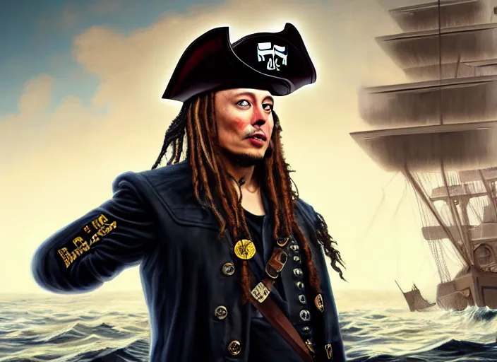 Prompt: highly detailed portrait of Elon Musk as a dread pirate captain, proudly posing at the helm of his frigate wearing a pirate hat, full body, artstation, cinematic lighting, hyperdetailed, cgsociety, 8k, high resolution, insanely detailed and intricate, concept art, smooth, sharp focus, illustration, art by John Collier and Albert Aublet and Krenz Cushart and Artem Demura and Alphonse Mucha