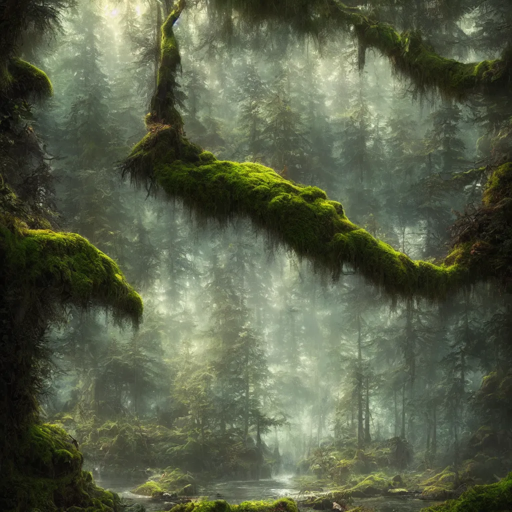 Prompt: A wide shot by a extremely high resolution digital camera of enchanted forest. Genetically modified magic moss, covering the ground, barely seen lake beneath it. Greg Rutkowski and Thomas Kinkade. Trending on Artstation.