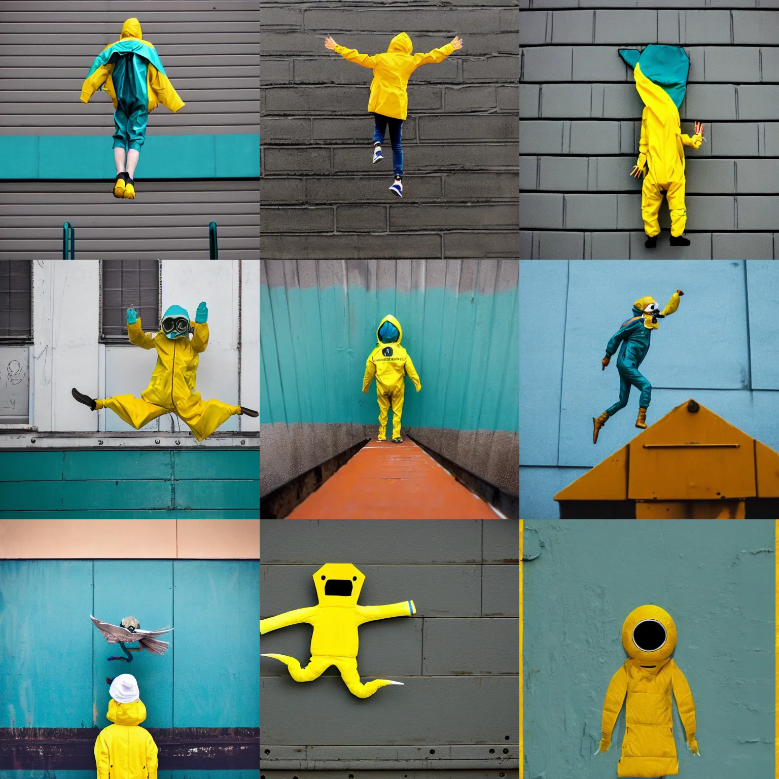 Prompt: Humanoid teal squid standing on two legs wearing yellow raincoat jumping of the edge of a dock in a city that is overwatched by a eye in a hand