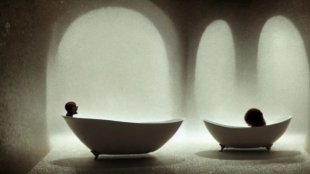 Image similar to the strange creature in a bathtub, makes the water float, film still from the movie directed by Denis Villeneuve with art direction by Salvador Dalí, wide lens