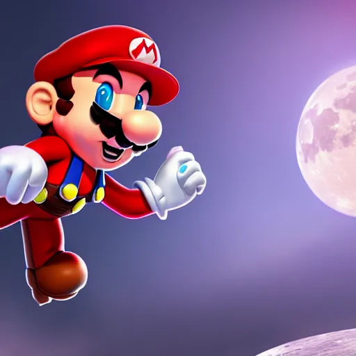 Image similar to A hyper real comic book style portait painting of Super Mario as an astronaut on the moon riding a horse, unreal 5, hyperrealistic, octane render, cosplay, RPG portrait, dynamic lighting