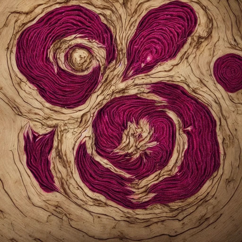 Image similar to embroidered giant cut beetroot, creating large spiral with embroidered leaves and fractal roots, over vivid wood table, food photography.. super detailed. masterpiece