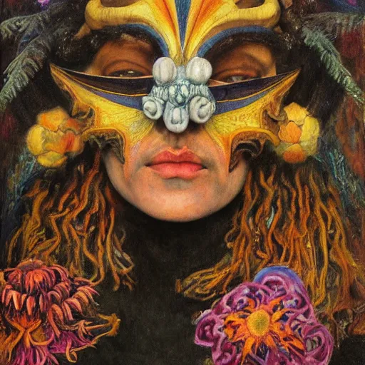 Image similar to masterpiece painting of a dark flower shaman, by annie swynnerton and jean delville and tino rodriguez and diego rivera, facemask made of flowers, art brut, outsider art, symbolist, dramatic lighting, god rays, elaborate geometric ornament, clean crisp graphics, smooth sharp focus, extremely detailed, adolf wolfli