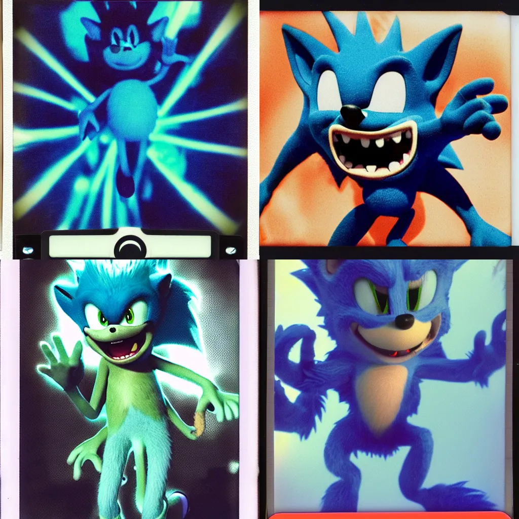 Prompt: and we're never gonna survive, unless, we get a little crazy, medical instax polaroid film still of a sonic the hedgehog blue swamp creature with fangs and claws, flash photography, anamorphic lens flare, creepypasta