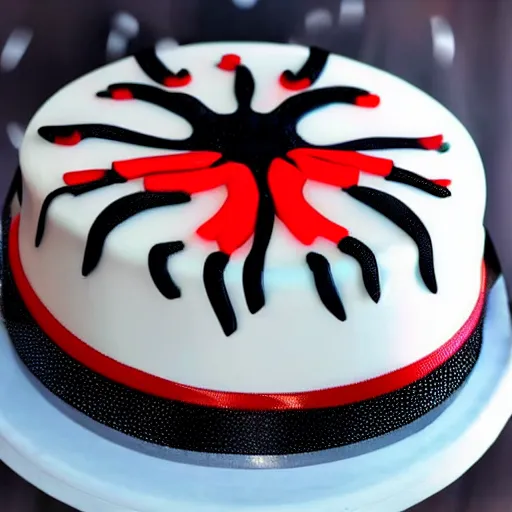 Image similar to edible lifelike Black Widow birthday cake, food photography