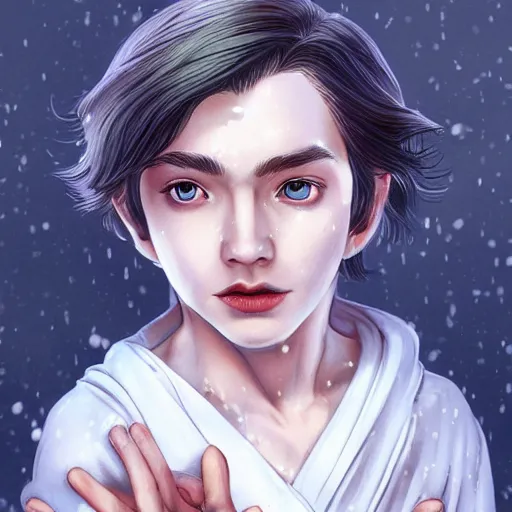 Prompt: boy with snow white shoulder-length hair, wearing a white flowing robe. beautiful hyperdetailed eyes, concept art, illustration