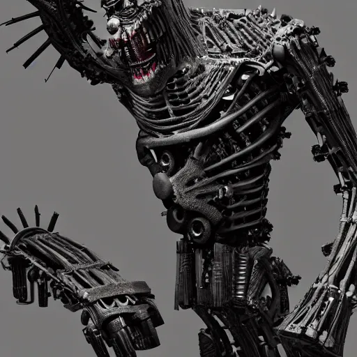 Prompt: a frankenstein monster made out of mechanical parts, 8 k, shallow depth of field, 8 k, ultra high detail, concept art,
