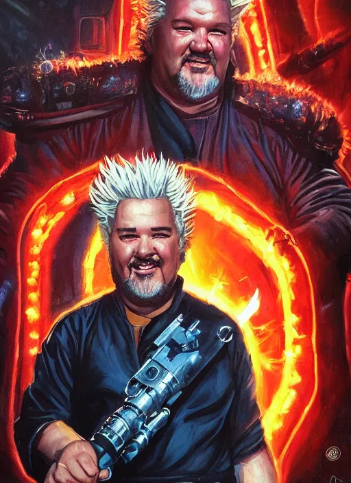 Image similar to epic cinematic poster artwork for featuring portraits for lost star wars film featuring portrait of guy fieri, moody painting by drew struzan, beautiful backlit, colorful, iconic composition, epic award winning, artstation, extremely detailed, flare, photorealistic, 4 k