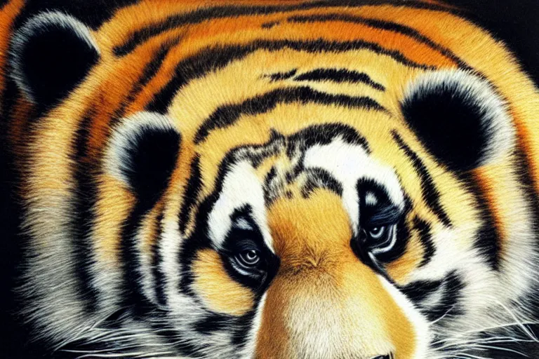 Image similar to panda tiger hybrid animal, portrait by tim eitel