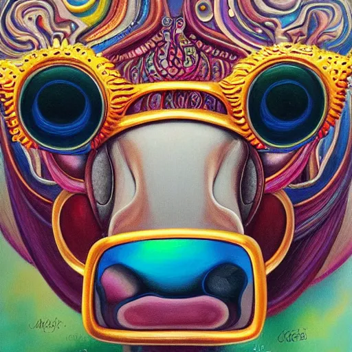 Prompt: cow wearing sunglasses by GEOGLYPHIKS by MICHAEL DIVINE and by AMANDA SAGE in the style of oil painting visionary art, intricate oil painting artwork. , trending on artstation, very coherent symmetrical artwork, oil painting