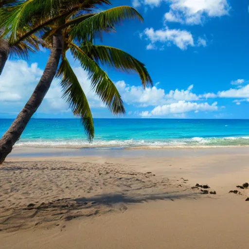 Image similar to a quiet beach in hawaii, pristine, waves, palm trees, sun in the sky, photography