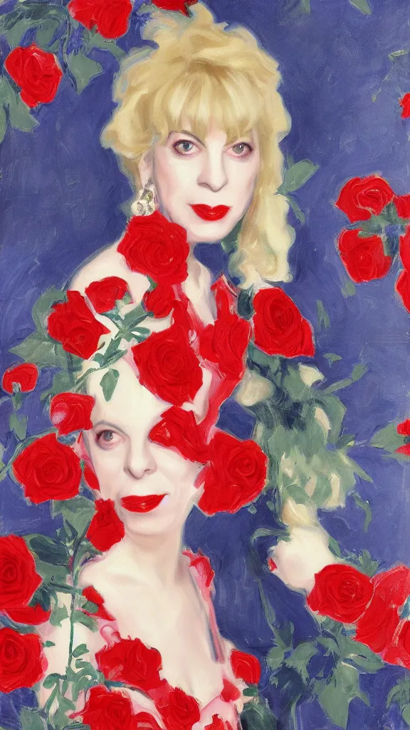 Image similar to portrait of julee cruise in lynch pattern, big persian detailed pot of red roses, blue and red lights painted by john singer sargent