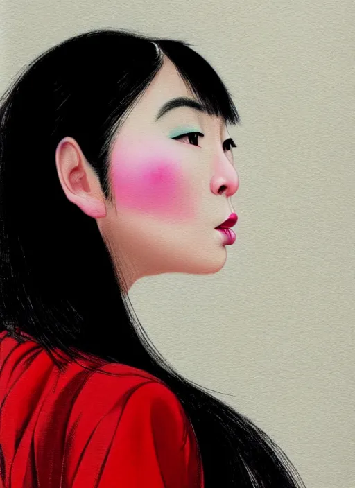 Image similar to portrait of an asian woman with a crooked nose and a confident expression, 1 9 6 0 s, black clothes, goth, punk, brightly coloured hair, funk, intricate, elegant, highly detailed, digital painting, artstation, concept art, smooth, sharp focus, illustration, art by wlop, mars ravelo and greg rutkowski