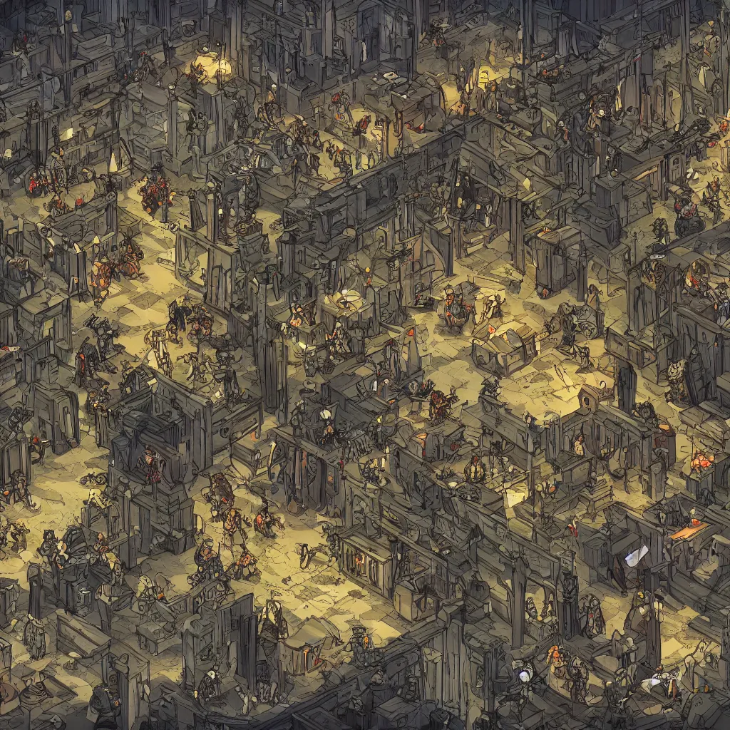 Image similar to An intensely bureaucratic villains lair with dozens of henchman doing paperwork, gridless DND map, 8k digital art, high quality,