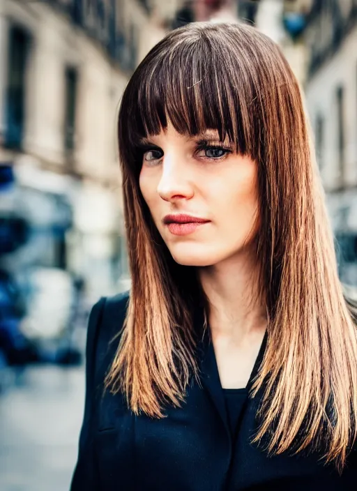 Image similar to color realistic Close-up portrait of a beautiful, stylish, 30-year-old French woman street background, with long, straight hair, street portrait in the style of Mario Testino 50mm