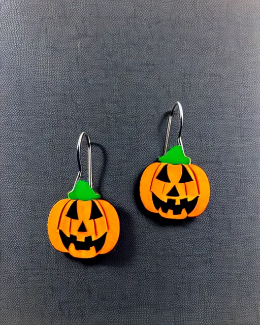 Prompt: spooky jack'o'lantern, 2 d lasercut earrings,