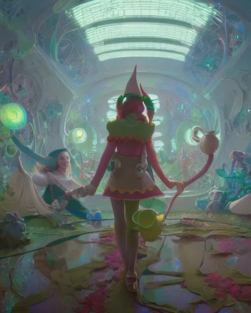 Image similar to highly detailed surreal vfx portrait of a happy elves in a futuristic world, stephen bliss, unreal engine, greg rutkowski, loish, rhads, beeple, makoto shinkai and lois van baarle, ilya kuvshinov, rossdraws, tom bagshaw, alphonse mucha, global illumination, detailed and intricate environment