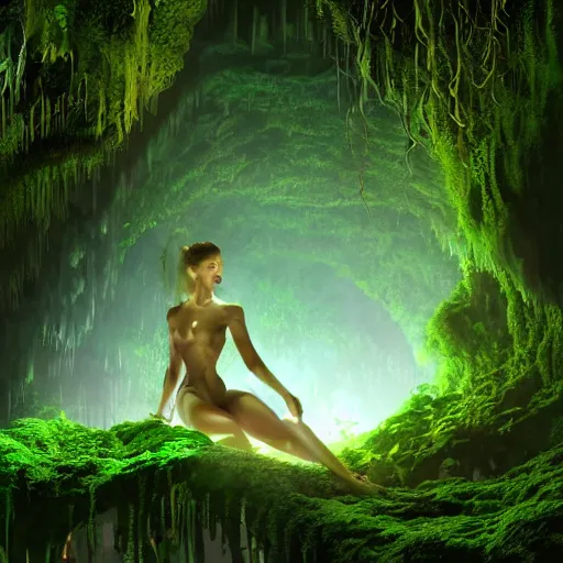 Prompt: looking into lush cave with glowing emeralds and vines hanging from the ceiling, sharp focus, cinematic light, artgerm, cgsociety, highly detailed