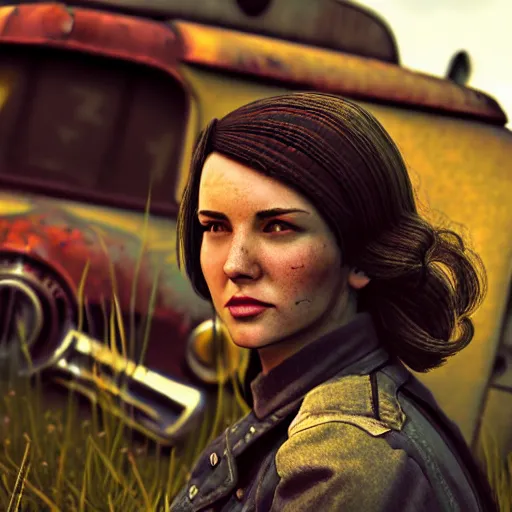 Image similar to fallout 5, charismatic brunette female protagonist, portrait, outdoors scene, somewhere in a low density rural town, retro rusted cars, atmospheric lighting, painted, intricate, volumetric lighting, beautiful, daytime, sunny weather, sharp focus, slightly desaturated, ultra detailed, by leesha hannigan, ross tran, thierry doizon, kai carpenter, ignacio fernandez rios