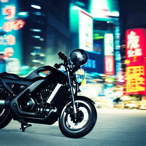 Prompt: a black ( ( ( honda cmx 5 0 0 rebel ) ) ) motorcycle, ridden fast by a metallic futuristic alien cyborg, through the streets of 2 0 5 0's tokyo, neon signs, blurred crowded streets, slight motion blur background