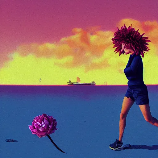 Image similar to portrait, giant rose flower head, woman running at the beach, surreal photography, sunrise, blue sky, dramatic light, impressionist painting, digital painting, artstation, simon stalenhag