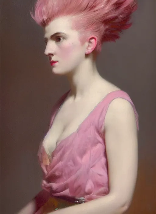 Prompt: a detailed portrait of woman with a mohawk by edouard bisson, year 1 9 5 0, pink hair, punk rock, oil painting, muted colours, soft lighting