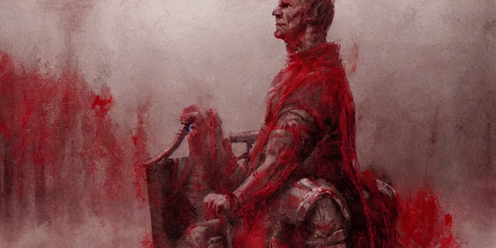 Image similar to the end is near. a tired julius caesar is sitting on his throne. face is highly detailed. splices of red are running down his toga. mist. color scheme red. low angle medium shot. imagined by jeremy lipking