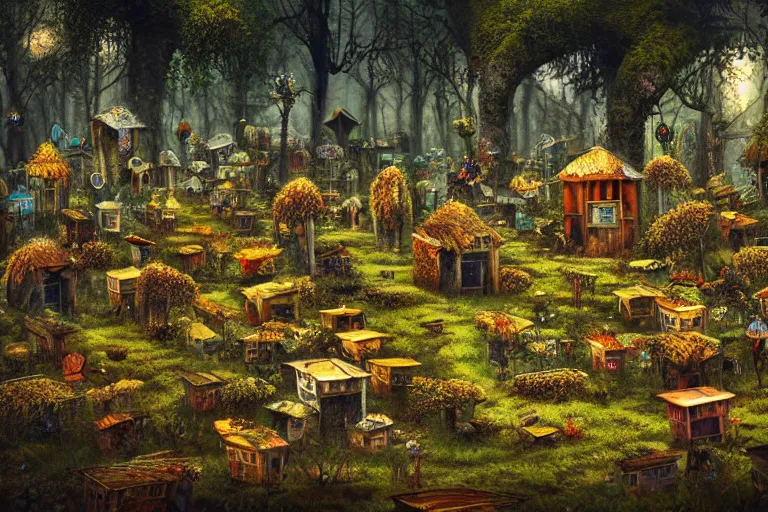 Image similar to elegance, favela graveyard honeybee hive, fungal forest environment, industrial factory, cheerful, award winning art, epic dreamlike fantasy landscape, ultra realistic,