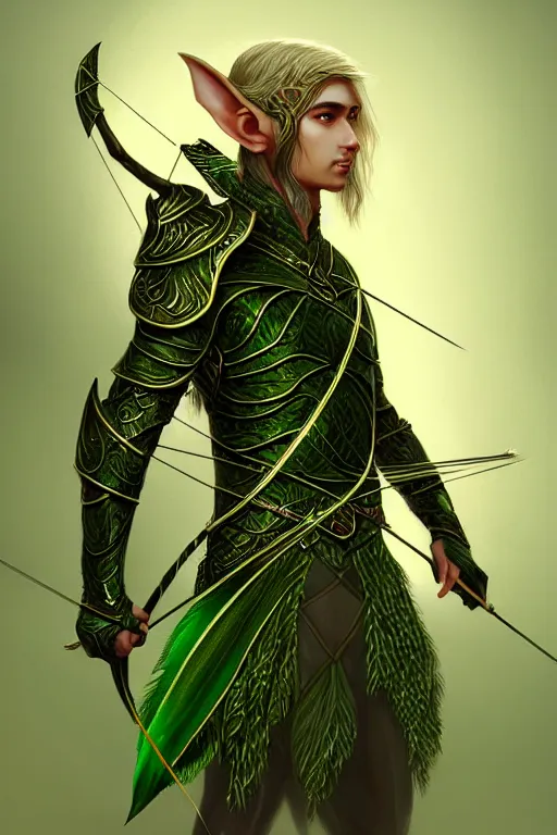Prompt: male elven Archer armor made of green leaves, fantasy, amber eyes, face, long hair, intricate, elegant, highly detailed, digital painting, artstation, concept art, smooth, sharp focus, illustration