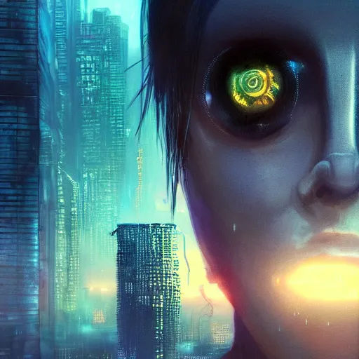 Image similar to neuromancer, closeup portrait of a young beautiful cyberpunk woman, eye implants, sunset, cyberpunk city background, megacity, gorgeous view, depth, painted by seb mckinnon, high detail, digital art, painted by greg rutkowski, trending on artstation