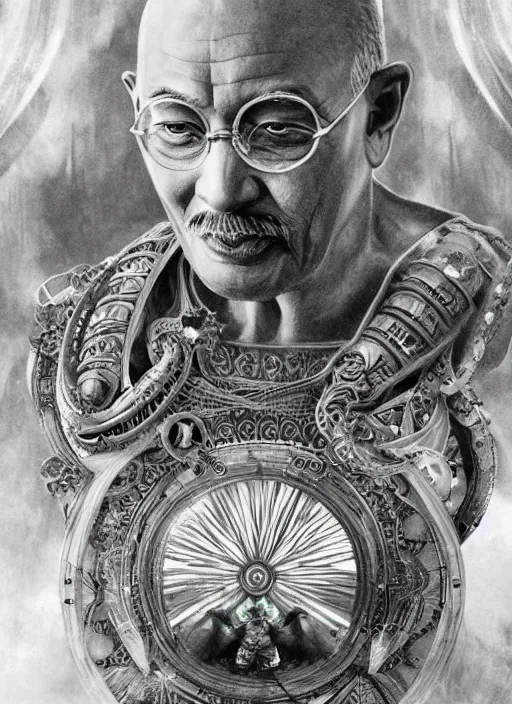 Prompt: Ghandi as an Astartes, beautiful detailed eyes, cute, fantasy, intricate, elegant, highly detailed, digital painting, 4k, HDR, concept art, detailed jewelry, smooth, sharp focus, illustration, art by Artgerm, H R Giger and Alphonse Mucha