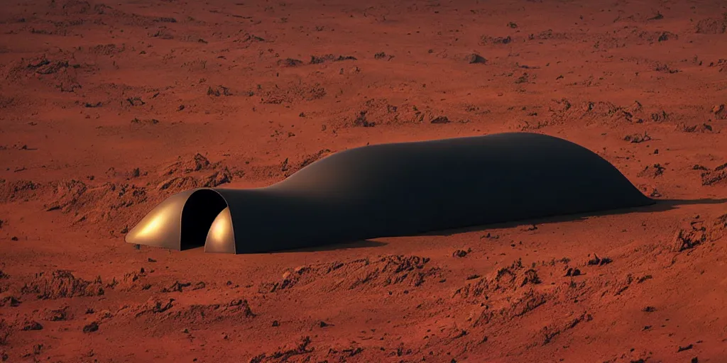 Image similar to a strange huge transparent pvc inflated organic architecture building black matte by jonathan de pas sits in the planet mars landscape, golden hour, film still from the movie directed by denis villeneuve with art direction by zdzisław beksinski, close up, telephoto lens, shallow depth of field