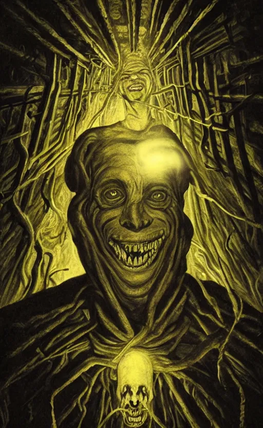 Prompt: portrait of eldritch smiling jerma, surrounded by beams of light dark background by wayne barlow, stanley donwood, anton semenov, zdzislaw bekinski, hr giger, 8 k, fantasy, dark, highly detailed